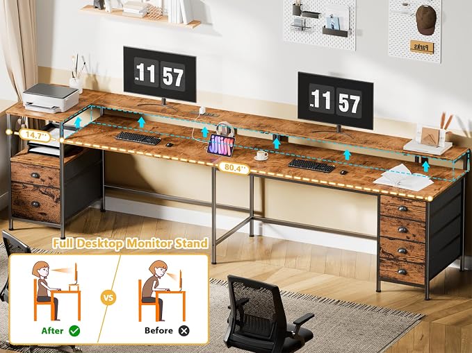 Furologee 95" Two Person Computer Gaming Desk, Long 2 Person Home Office Desk with 6 Drawers & Storage Shelves, Double Table with Power Outlets, LED Lights and Full Monitor Shelf, Rustic Brown