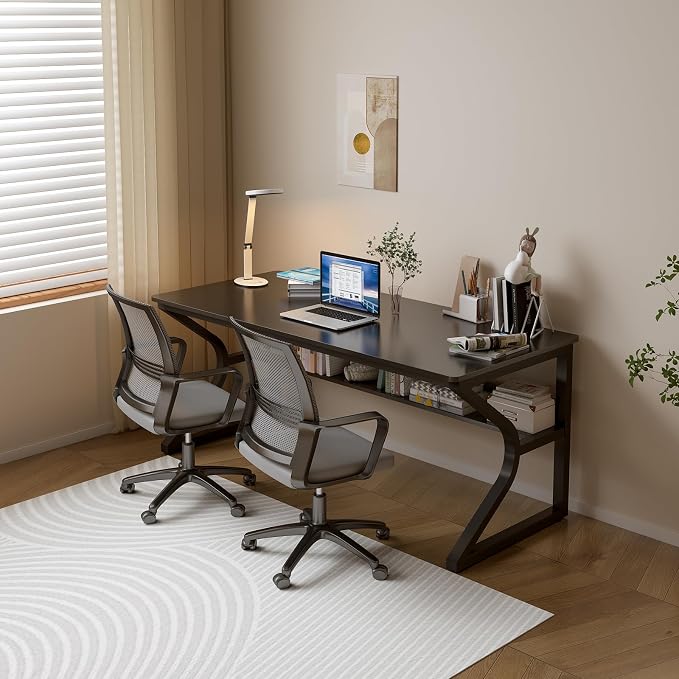 OSCHF Extra Long Desk with Bookshelf - 55" Double Long Writing Table for 2-Person Workstation, Modern Study Work Computer Desk for Home and Office, Black