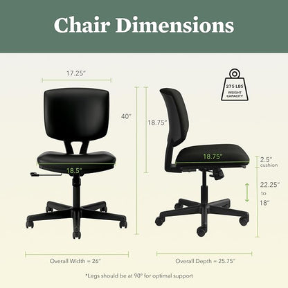 HON Volt Ergonomic Office Chair with Bonded Leather Seat and Back, Armless Desk and Computer Chair with Adjustable Center‑Tilt Recline and Wheels for Home Office or Workstation, Black