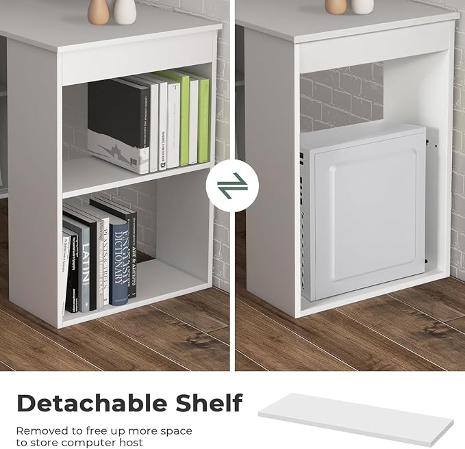 LDAILY Computer Desk with Bookshelf, 48” Modern Office Desk w/ 6-Tier Storage Shelves, CPU Stand, Wider Base, 3-in-1 Reversible Study Table, Writing Desk for Home Office, Bedroom, Study Room (White)