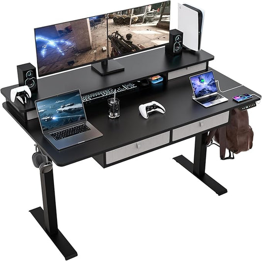 55 * 30 Inches Electric Standing Desk Adjustable Height with 4 Drawers, Double Storage Shelves Stand Up Desk, Home Office Workstation Sit Stand Desk (Classical Black)