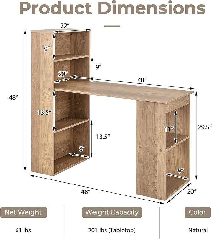 LDAILY Computer Desk with Bookshelf, 48” Modern Office Desk w/ 6-Tier Storage Shelves, CPU Stand, Wider Base, 3-in-1 Reversible Study Table, Writing Desk for Home Office, Bedroom, Study Room (Natural)