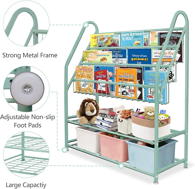 aboxoo Metal Kids Bookshelf Green Freestanding for Children Room 32 in Toy Organizer Book Unit Storage Large Green Stable Bookcase Bookstore Living Room Bed Room Library