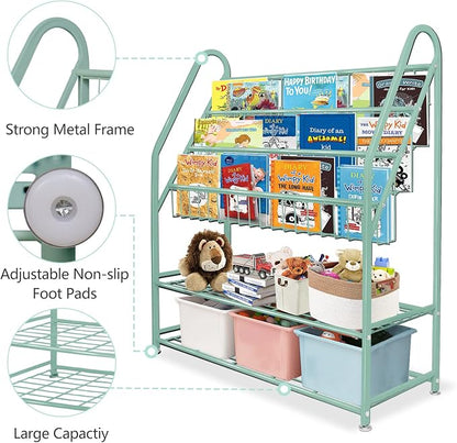 aboxoo Metal Kids Bookshelf Green Freestanding for Children Room 32 in Toy Organizer Book Unit Storage Large Green Stable Bookcase Bookstore Living Room Bed Room Library