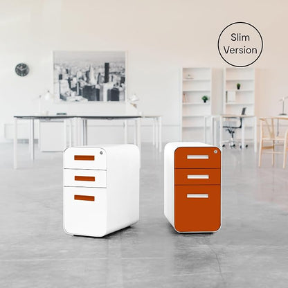 Laura Davidson Furniture Stockpile Slim 3-Drawer Mobile File Cabinet with Lock - Under Desk Metal Filing Cabinet, Legal/Letter File Folders, Wheels and Stationary Feet, Pre-Assembled, Orange Faceplate