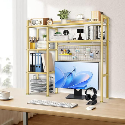 Desk Shelf with Grid Panel, 37.5" Desktop Hutch Organizer, 4-Tier Desk Bookshelf for Computer Desk, Metal & Wood Desktop Storage Rack for Home Office, Dorm, Study Desk, Gold