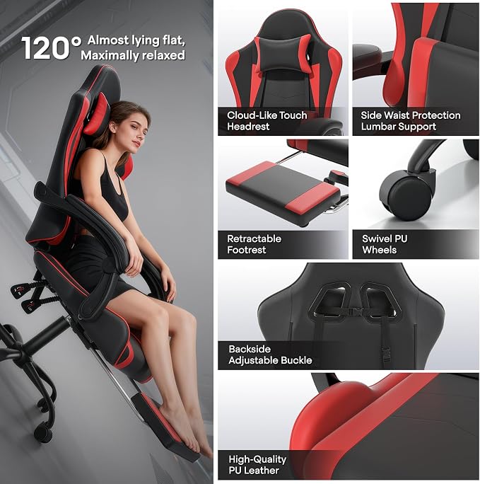 Athena Collection Ergonomic Gaming Chair with Footrest & Headrest Lumbar Support, Height Adjustable Swivel Office Chair Reclining Game Chair Leather High Back Computer Chair for Adults, Red