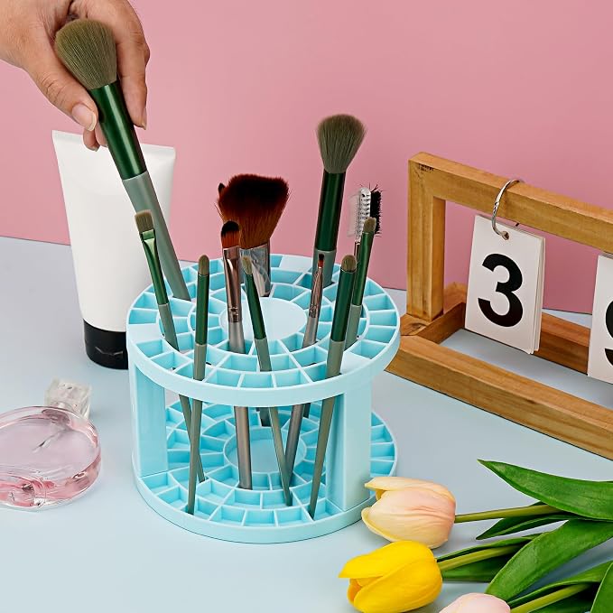 Round 50 Hole Paint Brush Holder and Organizer, Makeup Cosmetic Brushes, Pencils, Pens, Markers, Art Tools, Desk Stand (Blue)