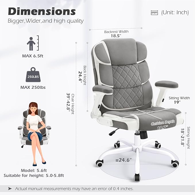 SEATZONE Office Chair Linen Fabric Ergonomic Executive Computer Desk Chairs Small Cute Rolling Task Chairs for Teens&Adults,Gray