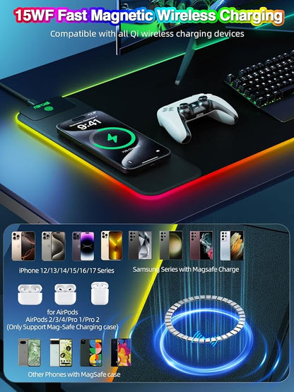 Magnetic Charging Mouse Pad, 31.5x11.81 Inch XL Gaming Mousepad, 11+5 RGB Lighting Modes, Home Office Large Desk Pad with Ultra-Smooth Surface, Non-Slip, Waterproof Keyboard Pad Classic Black Desk Mat