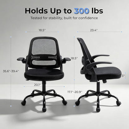 Ergonomic Mesh Office Chair for Home Office, Flip-Up Arms, Breathable Mesh Back & Thick Seat Cushion, Swivel Rolling Computer Desk Chair, BIFMA Certified, Supports 300 lbs (Black Frame/Black Seat)