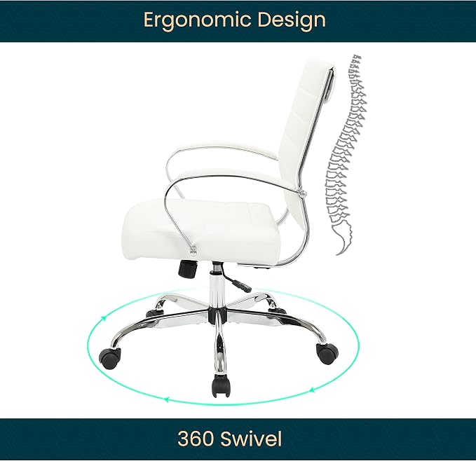 LeisureMod Benmar Leather Office Desk Chair, Mid-Back Ergonomic Swivel Chair with Lumbar Support, Adjustable Height, Tilt Lock, Cushioned Seat & Back, Home Office Task Chair (White, Single)