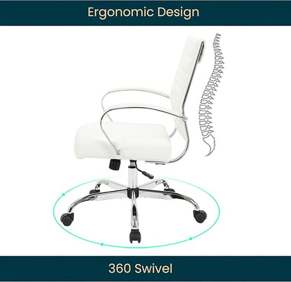 LeisureMod Benmar Leather Office Desk Chair, Mid-Back Ergonomic Swivel Chair with Lumbar Support, Adjustable Height, Tilt Lock, Cushioned Seat & Back, Home Office Task Chair (White, Single)