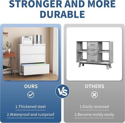 3 Drawer File Cabinet with Lock, White Metal Lateral Filing Cabinets for Home Office, Heavy Duty Steel Horizontal Locking Storage Cabinet for Legal/Letter/A4 Size File, Assembly Required