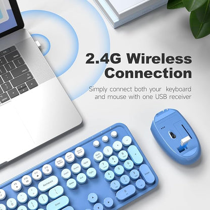 MOFII Wireless Keyboard and Mouse Combo, Full Size 2.4G Plug and Play Typewriter Retro Round Computer Keyboard and Mouse Set for Windows, Computer, Desktop, PC, Notebook - (Blue Gradient)