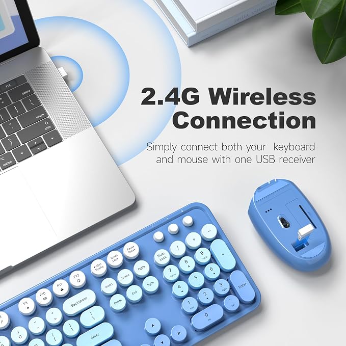 Dilter Wireless Keyboard Mouse Combo, Typewriter Full Size Keyboard with Number Pad and 2 in 1 USB Connected Mouse for Windows 7/8/10, Laptop, Desktop, PC, Computer (Blue)