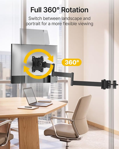 monTEK Universal Pole Monitor Arm 25 Inch Extra Long Reach - Single Desk Mount for 17-32 inch Screens, Steel Full Motion Mount, VESA 75/100mm, 636mm Extension