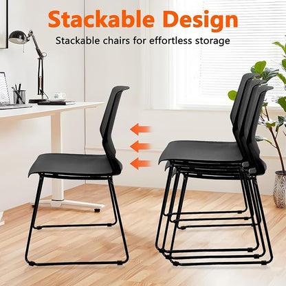 KLASIKA Stackable Guest Reception Chairs, Stacking Office Chair with Ergonomic Lumbar Support & Metal Legs, Plastic Desk Chairs for Conference School Church Waiting Meeting Break Room Set of 8, Black