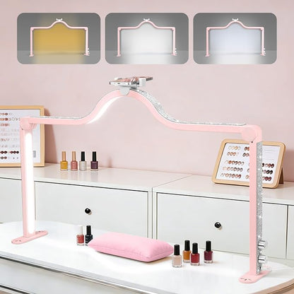 Arch Half Moon Light: Professional 34 inch 420 LED Beads - Nail Lamp for Desk Adjustable Brightness 3 Color Temperature - Foldable Nail Tech Light for Manicure Crafting (Pink)