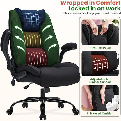 CIOMAN 500lbs Big and Tall Office Chair with Inflatable Lumbar Support for Back Pain, Executive Office Chair with Flip Up Arms and Rocking Function, Wide Cushion Computer Chair for All-Day Sitting