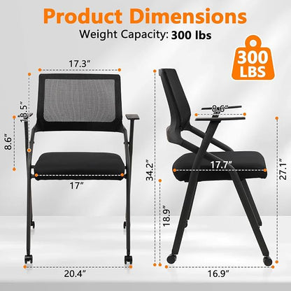 CLATINA Stackable Foldable Conference Room Chairs with Wheels, Portable Padded Office Desk Chair with Lumbar Support and Armrest for Training Room, Guest, Reception, Event, Black (8pk)