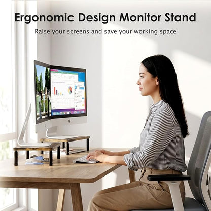 ECOLOVI Adjustable Wood Computer Monitor Stand Riser, Office Desk Organizer and Accessories for Monitor, Laptop, PC, Printer, Office Desk Accessories Workspace Organizer for Home Office Supplies, Brown