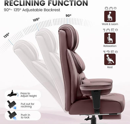 BestGlory Office Desk Chair, Big and Tall Leather Gaming Chair with Footrest, Wide Ergonomic Comfy Executive High-Back Reclining Computer Chairs, Swivel Rolling Wheels and Padded Lumbar Support,Coffee