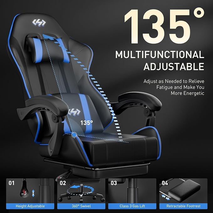HLDIRECT Gaming Chair, Ergonomic Computer Office Chair with Lumbar Support Footrest Headrest, Adjustable Height & Backrest Angle Video Gamer Chair, PU Leather, 360° Swivel, Adult (Black&Blue)