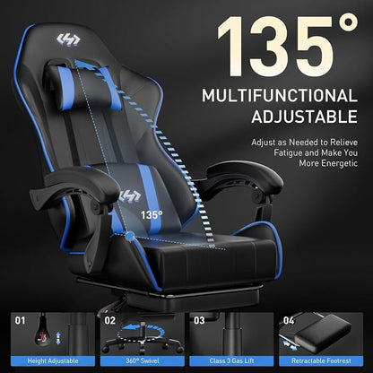 HLDIRECT Gaming Chair, Ergonomic Computer Office Chair with Lumbar Support Footrest Headrest, Adjustable Height & Backrest Angle Video Gamer Chair, PU Leather, 360° Swivel, Adult (Black&Blue)
