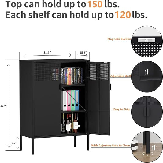 Chshin Metal Storage Cabinet,Kitchen Pantry Storage Cabinets with Doors,Buffet Cabinet with 2 Adjustable Shelves,Black Pantry Cabinets,Steel Sideboard for Home,Shoes,Office,Dining Room