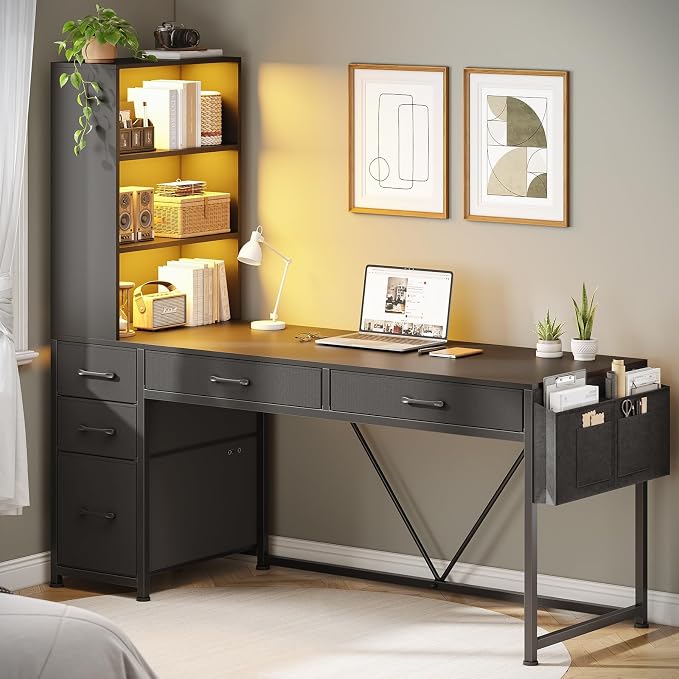 SEDETA Computer Gaming Desk with 5 Drawers and Bookshelf, Reversible Home Office Desk with Storage Shelves and File Drawer, Corner Desk with LED Lights for Small Spaces, Black