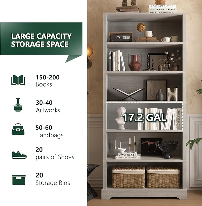 TVU 6-Tier Wooden Bookshelf, 77.2" Tall Farmhouse Style Open Bookcase, 31.5" W Standing Book Shelf with Storage, Suitable for Study, Living Room, Office, Grey