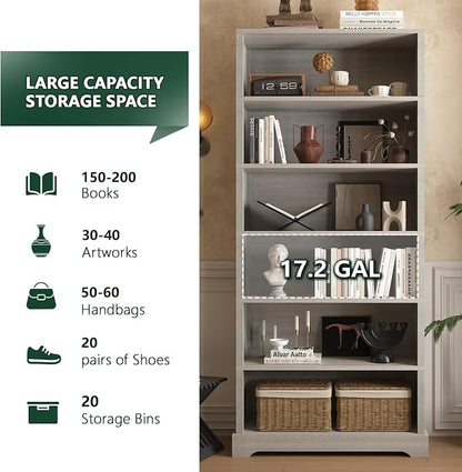 TVU 6-Tier Wooden Bookshelf, 77.2" Tall Farmhouse Style Open Bookcase, 31.5" W Standing Book Shelf with Storage, Suitable for Study, Living Room, Office, Grey