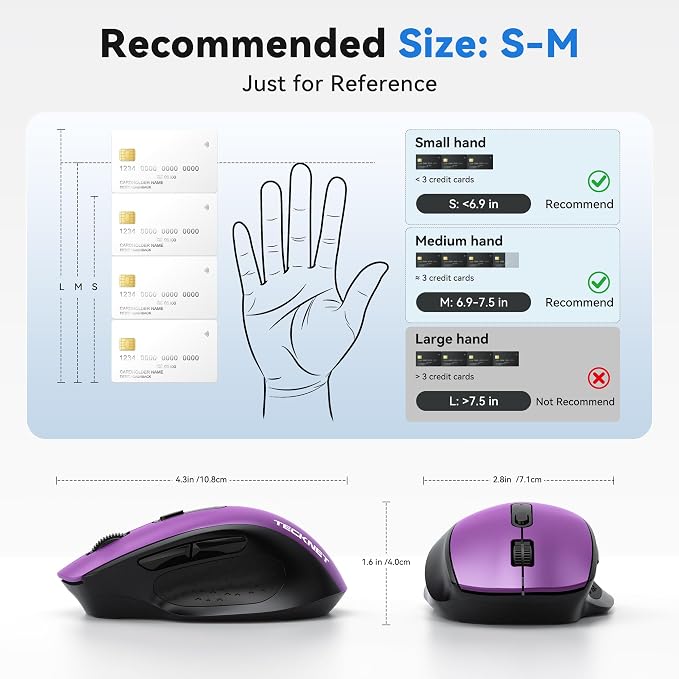 TECKNET Wireless Mouse for Laptop, (BT5.2/3.0 & 2.4G) Bluetooth Wireless Mouse, Silent Click, 5-Level Adjustable DPI, Ergonomic Portable Computer Mice for Laptop, PC, MacBook, Chromebook