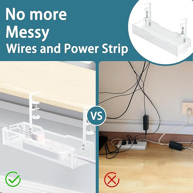 2Pack Under Desk Cable Management Tray, No Drill Mesh Desk Cable Tray, Wire Management Tray Cable Management Rack, Wire Organizer and Cable Management Box (White)