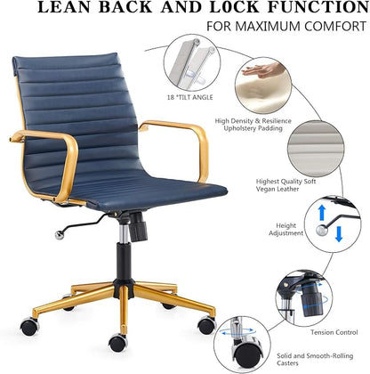 Office Chair Ergonomic Swivel Desk Chair with Armrests and Wheels Comfortable Heavy-Duty Chair for Home Office Wide 22.83in Seat for Women and Men，Gold Navy