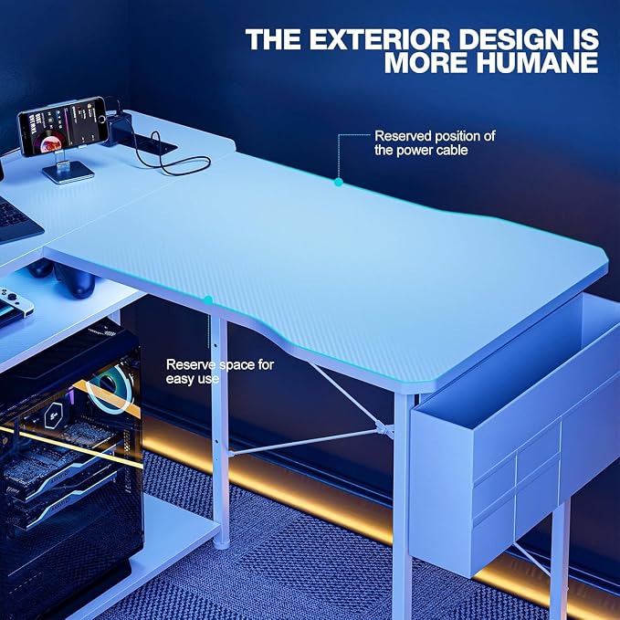 Acrolix L Shaped Gaming Desk 48 Inch - Computer Corner Desk with Power Outlets, Reversible Shelves & Storage Bag for Home Office, PC Gaming Table, White Carbon