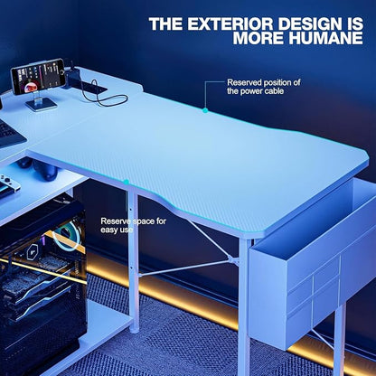Acrolix L Shaped Gaming Desk 48 Inch - Computer Corner Desk with Power Outlets, Reversible Shelves & Storage Bag for Home Office, PC Gaming Table, White Carbon