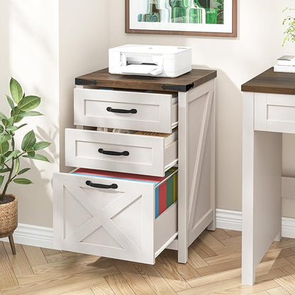 Halitaa 3 Drawer Small File Cabinet, Farmhouse Vertical Filing Cabinet Fits Letter and A4 Size, Under Desk Wooden File Cabinets for Home Office, Printer Stand, Rustic White and Brown