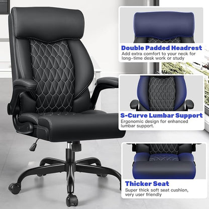 High Back Executive Office Chair - Ergonomic Computer Desk with Rocking Function, Leather Managerial with Adjustable Flip-Up Armrests and Lumbar Support