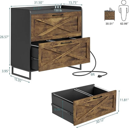 Vabches Lateral File Cabinet 2 Drawers File Cabinet with Charging Station, Modern Farmhouse Large Wood Home Office Furniture, Rustic Brown and Black