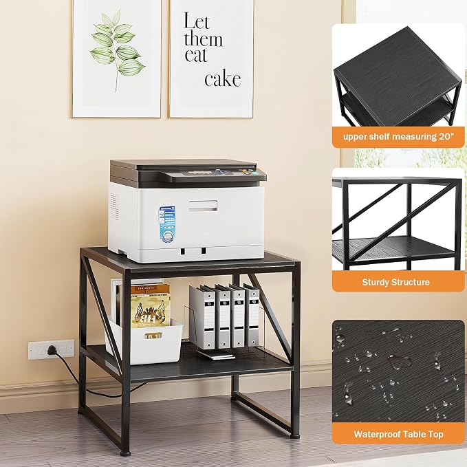 2-Tier Large Priner Stand with Charging Station, 20"×20" Under Desk Printer Table with Power Outlets and USB Ports for Home Office, Mini Fridge Stand, Storage Shelf for Scanner Fax Machine, Black