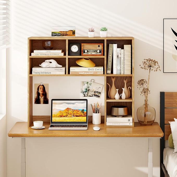 LDAILY Desktop Bookshelf, 37’’ Wood Desk Shelf with 7 Cubes & 3 Adjustable Shelves, 3-Tier Desk Display Rack, Desk Hutch for Dorm College Office Computer Monitor Up to 27’’ (Natural, 7 Shelves)