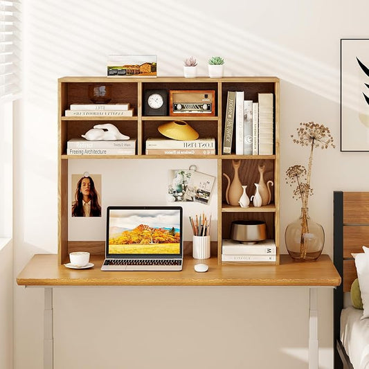 LDAILY Desktop Bookshelf, 37’’ Wood Desk Shelf with 7 Cubes & 3 Adjustable Shelves, 3-Tier Desk Display Rack, Desk Hutch for Dorm College Office Computer Monitor Up to 27’’ (Natural, 7 Shelves)