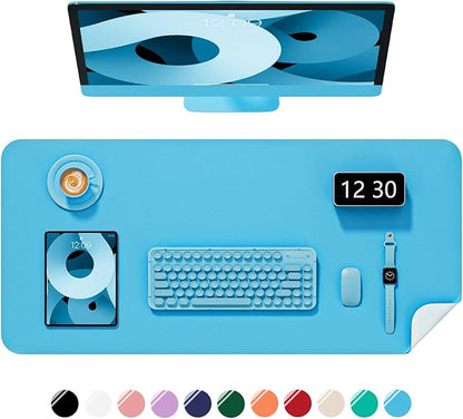 Desk Pad, 23.6" x 13.8" PU Leather Non-Slip Desk Mat Large Mouse Pad for Desktop, Waterproof Laptop Computer Writing Mat for Office, Home, Work, Gaming, Aqua Blue