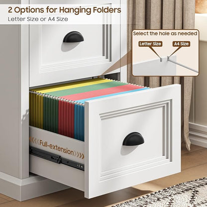 Halitaa Vertical File Cabinet, Filing Cabinet with 2 File Drawers, Farmhouse Small File Cabinet Fits Letter/A4 Size, Wooden Printer Stand, Under Desk Cabinets for Home Office, White