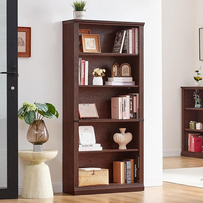 RWYHG 70" Walnut Tall Bookshelf,5-Tier Thick Wooden Book Shelf with Adjustable Shelves,Free Standing Farmhouse Bookcase with Open Display Storage,Floor Vintage Bookshelves for Living Room,Office