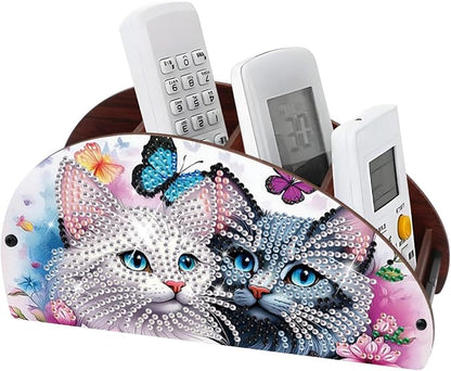 DIY Diamond Painting Storage Box Couple Cats, Handmade 5D Diamond Art Case Multi-Compartment Wooden Desktop Organizer for TV AC Remotes Makeup Brushes Pens Tabletop Holder, Valentine's Day Gift