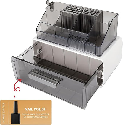 Wilfniee Nail Tech Desk Organizer Case: 2 Layers Nail Tech Organizers with Nail Polish Storage Drawer- 53 Holes Nail Drill Bits & Nail Brushes Pens Holder for Manicure Nail Supplies (Grey)