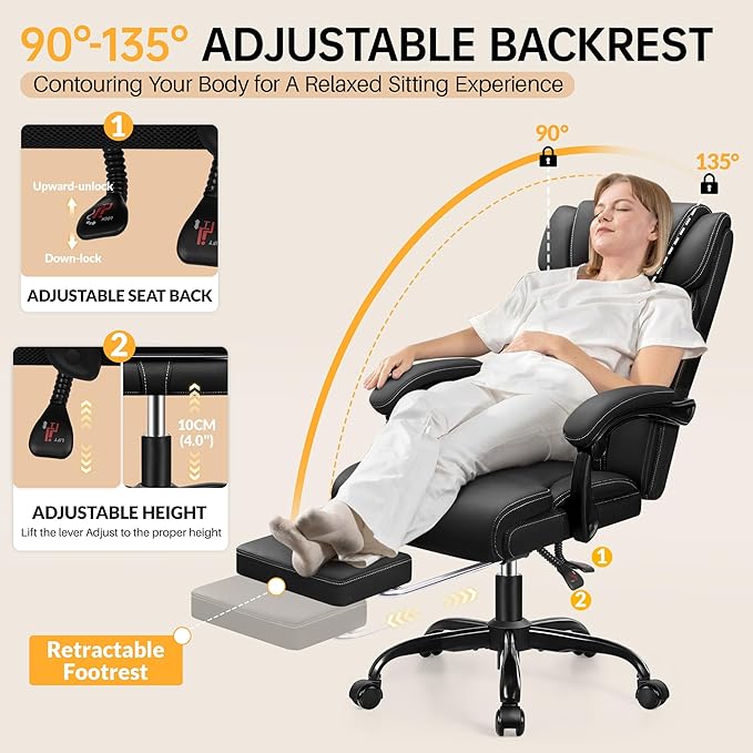 HeroSet Office Chair, Executive Big and Tall Leather Desk Chairs with Footrest, Ergonomic Breathable Computer Chair with Adjustable High Back, Lumbar Support Swivel PC Chairs